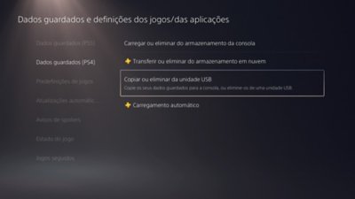 Ecrã Dados guardados e definições dos jogos/das aplicações da PS5, com a opção Dados guardados (PS4) selecionada no lado esquerdo do ecrã e a opção Copiar ou eliminar da unidade USB realçada no lado direito do ecrã.