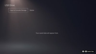 PS5 USB Drive screen with Copy to Console Storage highlighted.
