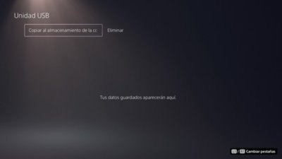 Pantalla “Unidad USB” de la PS5 con la opción “Copiar en el almacenamiento de la consola” resaltada.