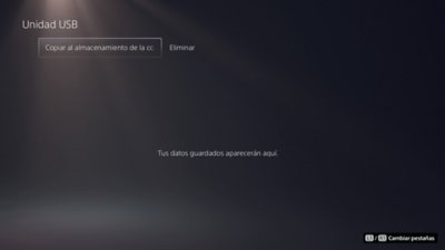 Pantalla Unidad USB de PS5 con Copiar al almacenamiento de la consola resaltado.