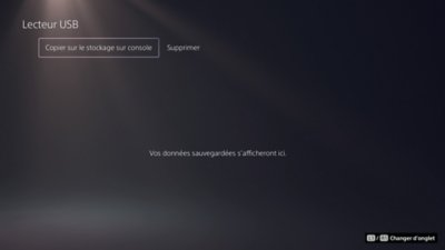 Écran Lecteur USB PS5 avec l'option Copier sur le le stockage sur console en surbrillance.