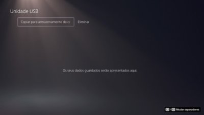 Ecrã Unidade USB da PS5 com a opção Copiar para armazenamento da consola realçada.