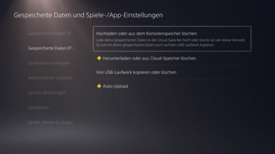 Bildschirm "Gespeicherte Daten und Spiele-/App-Einstellungen" der PS5, wobei die Option "Gespeicherte Daten (PS4)" auf der linken Seite des Bildschirms ausgewählt ist, und auf der rechten Seite des Bildschirms ist die Option "Aus Konsolenspeicher hochladen oder löschen" markiert.