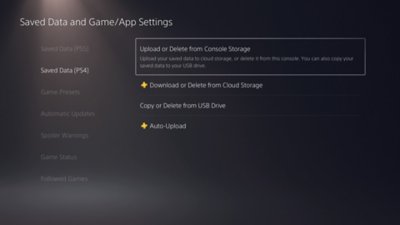 PS5 Saved Data and Game/App Settings screen, with Saved Data (PS4) selected on the left side of the screen, and Upload or Delete from Console Storage highlighted on the right side of the screen.