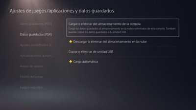 Pantalla Ajustes de juegos/aplicaciones y datos guardados de PS5 con Datos guardados (PS4) seleccionado en la parte izquierda de la pantalla y Cargar o eliminar del almacenamiento de la consola resaltado en la parte derecha de la pantalla.