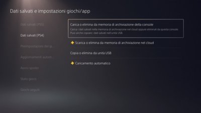 Schermata Dati salvati e impostazioni giochi/app, con Dati salvati (PS4) selezionato sul lato sinistro dello schermo e Carica o elimina dalla memoria di archiviazione della console in evidenza sul lato destro dello schermo.