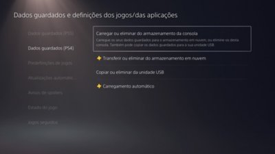 Ecrã Dados guardados e definições dos jogos/das aplicações da PS5, com a opção Dados guardados (PS4) selecionada no lado esquerdo do ecrã e a opção Carregar ou eliminar do armazenamento da consola realçada no lado direito do ecrã.