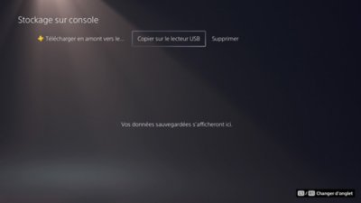 Écran stockage sur console PS5 avec l'option Copier sur le lecteur USB en surbrillance.