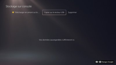 Écran stockage sur console PS5 avec l'option Copier sur le lecteur USB en surbrillance.
