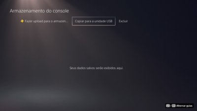 Tela de armazenamento do console PS5 com a opção Copiar para unidade USB realçado.