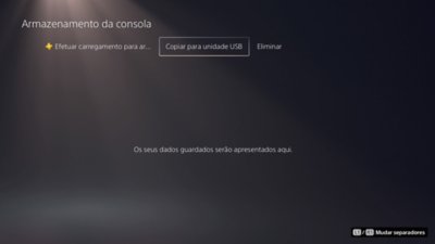 Ecrã Armazenamento da consola PS5 com a opção Copiar para unidade USB realçada.