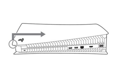 Seitenansicht der PS5-Konsole. Ein Pfeil zeigt an, dass die obere Abdeckung nach oben und nach rechts angehoben wird.