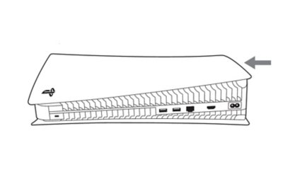 Side view of the PS5 console. An arrow indicates the top cover being slid onto the console from right to left.