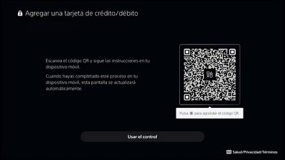 PS5: pantalla Agregar una tarjeta de crédito/débito con un código QR escaneable o un botón para usar en la consola.