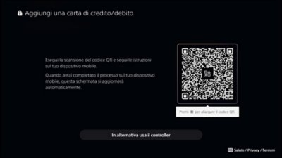 Schermata di PS5 Aggiungi carta di credito/debito con un codice QR scansionabile o un tasto da utilizzare sulla console.