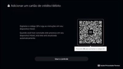 Tela Adicionar um cartão de crédito/débito do PS5 com um código QR ou um botão para usar no console.