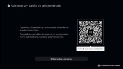 Ecrã Adicionar um cartão de crédito/débito da PS5 com um código QR digitalizável ou um botão para utilizar na consola.