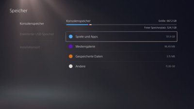 PS5-Konsolenbildschirm mit markierter Option "Spiele und Apps" im Menü rechts.