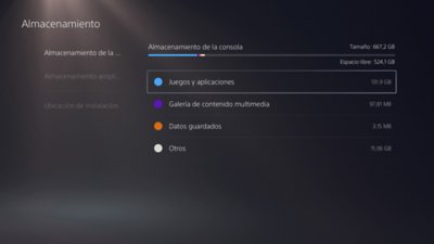 Pantalla de la consola PS5, con la opción Juegos y aplicaciones resaltada en el menú lateral derecho.