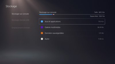 Écran de console PS5 avec Jeux et applications en surbrillance dans le menu de droite.