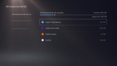 Tela do Console PS5 com jogos e aplicativos realçados no menu do lado direito.