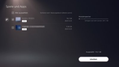 PS5-Bildschirm "Spiele und Apps" mit einem Element, das durch ein Häkchen in einem Kontrollkästchen auf der linken Seite des Bildschirms als ausgewählt angezeigt wird, und der zur Verfügung stehenden Schaltfläche "Löschen" unten rechts auf dem Bildschirm.