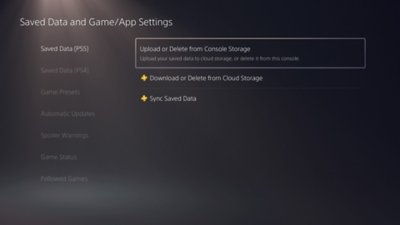Saved Data and Game/App Settings screen. Select Saved Data (on PS5) or Saved Data (on PS4), with Upload or Delete from Console Storage highlighted in the right side menu.