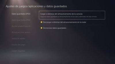 Pantalla Ajustes de juegos/aplicaciones y datos guardados. Selecciona Datos guardados (PS5) o Datos guardados (PS4), con Cargar o eliminar del almacenamiento de la consola resaltado en la parte derecha del menú.