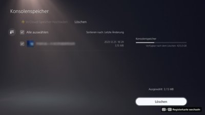 Bildschirm "Konsolenspeicher der PS5" mit einem Element, das durch ein Häkchen in einem Kontrollkästchen auf der linken Seite des Bildschirms als ausgewählt angezeigt wird, und der zur Verfügung stehenden Schaltfläche "Löschen" unten rechts auf dem Bildschirm.