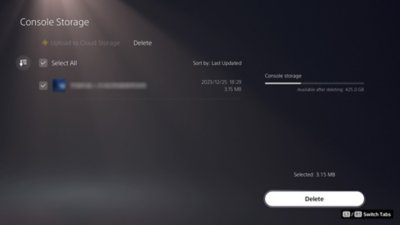 PS5 Console Storage screen, with an item indicated as selected by a check in a box on the left side of the screen, and the Delete button available in the lower right of the screen.