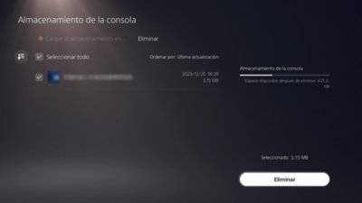 Pantalla Almacenamiento de la consola PS5 con un elemento indicado como seleccionado mediante una marca de verificación en el lado izquierdo de la pantalla y el botón Eliminar disponible en la esquina inferior derecha de la pantalla.