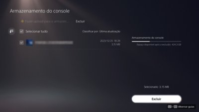 Tela de armazenamento do console PS5, com um item indicado como selecionado por uma marca de seleção em uma caixa no lado esquerdo da tela e o botão Seguinte disponível no canto inferior direito da tela.