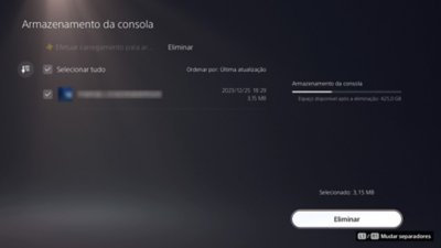 Ecrã Armazenamento da consola PS5, com um item indicado como selecionado numa caixa de verificação no lado esquerdo do ecrã e o botão Eliminar disponível no canto inferior direito do ecrã.