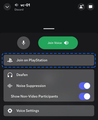 Schermata di dispositivo mobile che mostra l'opzione per partecipare a Discord su PlayStation