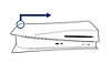 Vista laterale della console PS5. Una freccia indica che la copertura inferiore viene sollevata verso l'alto e verso destra.