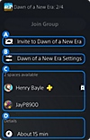 Obrazovka s oknem herní skupiny na konzoli PS5