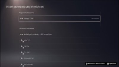 Bildschirm zum Einrichten der Internetverbindung für die PS5-Konsole