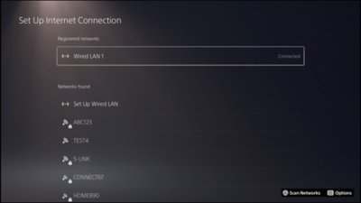 Obrazovka s nastavením připojení k internetu konzole PS5