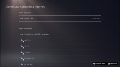 Pantalla de configuración de conexión a Internet en consola PS5