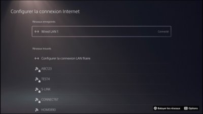 Écran de configuration de la connexion Internet sur console PS5