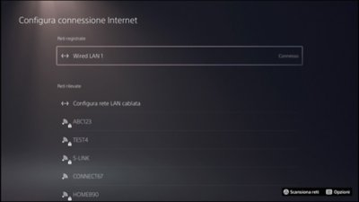 Console PS5: schermata di configurazione della connessione Internet