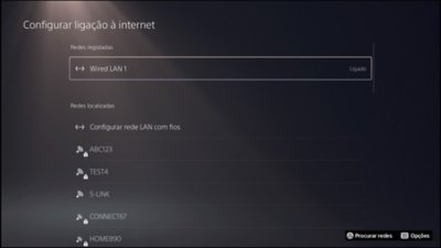 Ecrã de configuração da ligação à internet na consola PS5