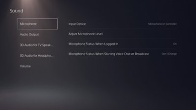 PS5 Sound screen with Microphone highlighted in the left-hand menu.