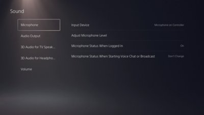 Geluidsscherm op PS5 met Microfoon gemarkeerd in het linkermenu.