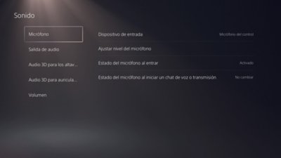 Pantalla Sonido de PS5 con Micrófono destacado en el menú de la izquierda.