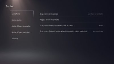 Schermata dell'Audio di PS5 con Microfono evidenziato nel menu a sinistra.