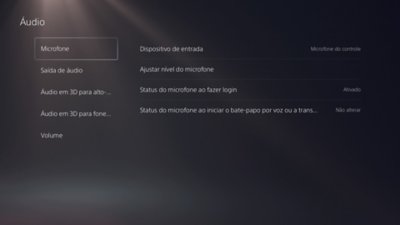 Tela de áudio do PS5 com microfone destacado no menu à esquerda.