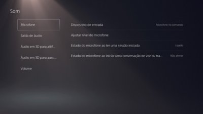 Ecrã Som da PS5 com a secção Microfone realçada no menu do lado esquerdo.