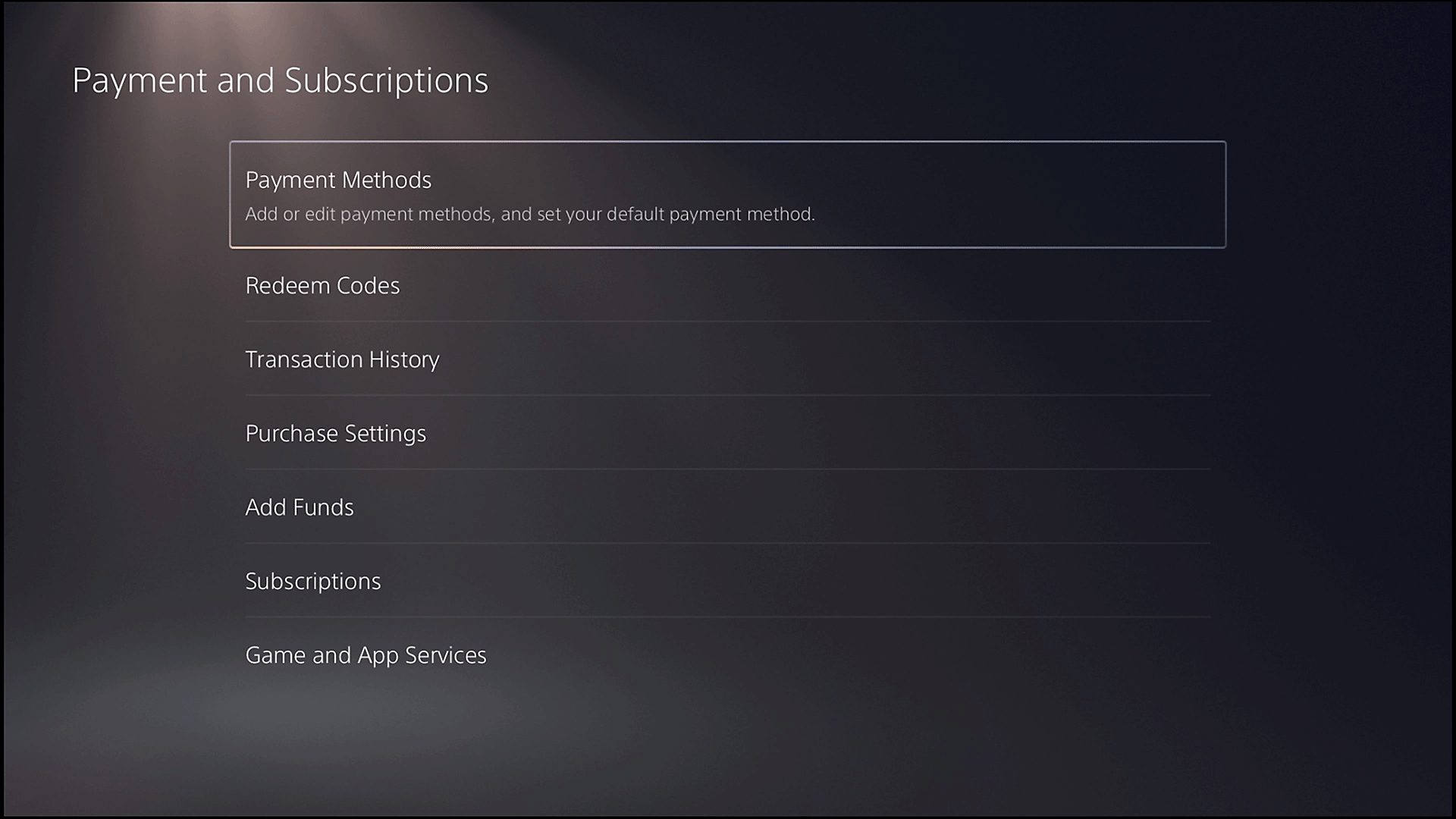 PS5 Payment and Subscriptions menu with Payment Methods section highlighted