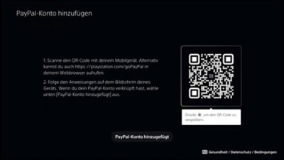 Bildschirm zum Hinzufügen des PayPal-Kontos auf der PS5, einschließlich QR-Code